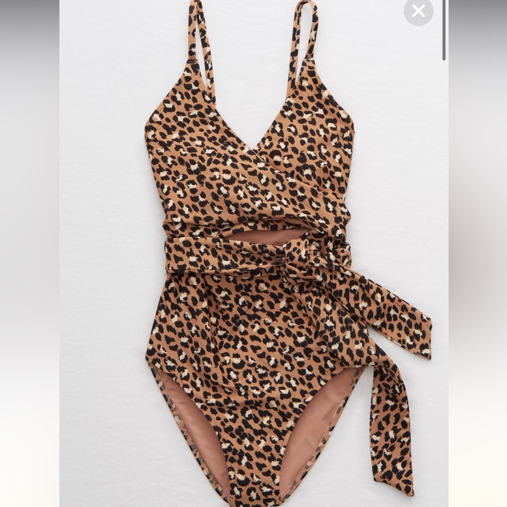 aerie Leopard Print Cutout One-Piece Swimsuit in Tan and Black - Picture 2 of 6